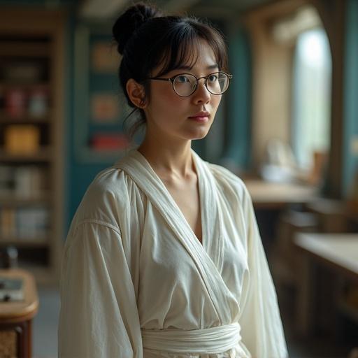 Photorealistic image of a young adult with a focused scholarly air. Dark hair tied back in a bun. Large blue eyes. Wears a thin white translucent robe. Displays a shy smile. Holds a leather-bound digital reader and physical scrolls in a spaceship office with ancient artifacts.