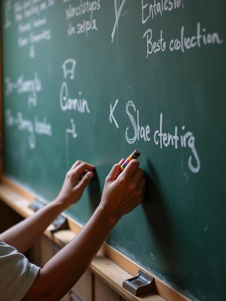 A person writes on a green chalkboard using chalk and crayons. The image highlights enormous hands. A company name appears on the board. Educational setting captured candidly. Soft lighting above enhances the focus on the action.