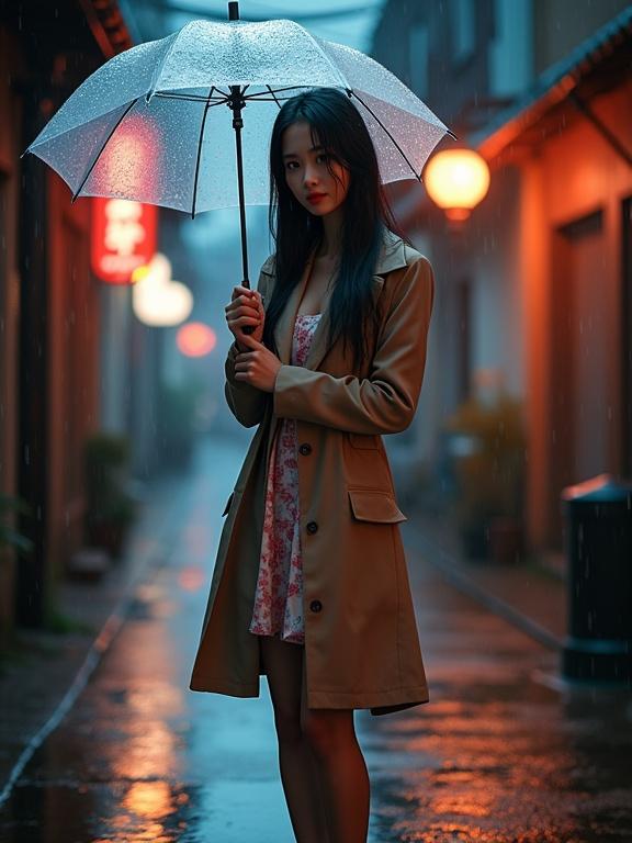 A hyperrealistic cinematic image featuring a Southeast Asian woman under a dimly lit streetlamp in a quiet alley. Soft spring rain is falling all around her. The woman wears a sheer trench coat over a floral slip dress. Her long black hair is damp and clings to her cheeks. She holds a transparent umbrella with pink cherry blossoms, gazing at the viewer with longing and curiosity. Neon reflections shimmer on the wet pavement. The scene has rich detail and cinematic lighting.