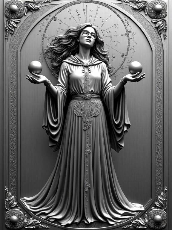 3D high-relief engraving on stainless steel plate featuring a mystical woman with glasses. She wears a long robe with runes, holds orbs, and has flowing hair. The engraving symbolizes serenity and power. The frame is embellished with constellations and moons.