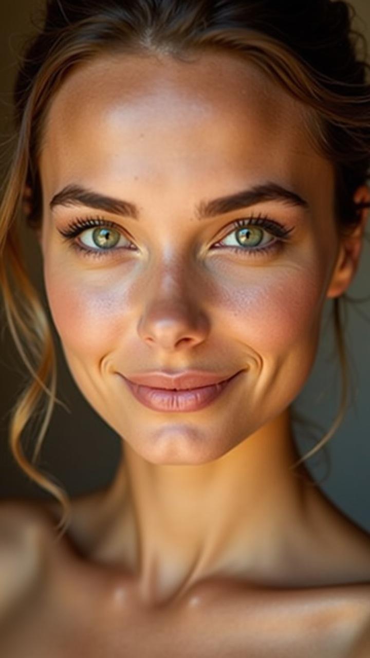 A close-up portrait of a beautiful young woman. Striking green eyes and soft, natural makeup. Warm, soft lighting creates a serene atmosphere. Inviting expression showcasing natural beauty. The background is blurred to focus on her face.