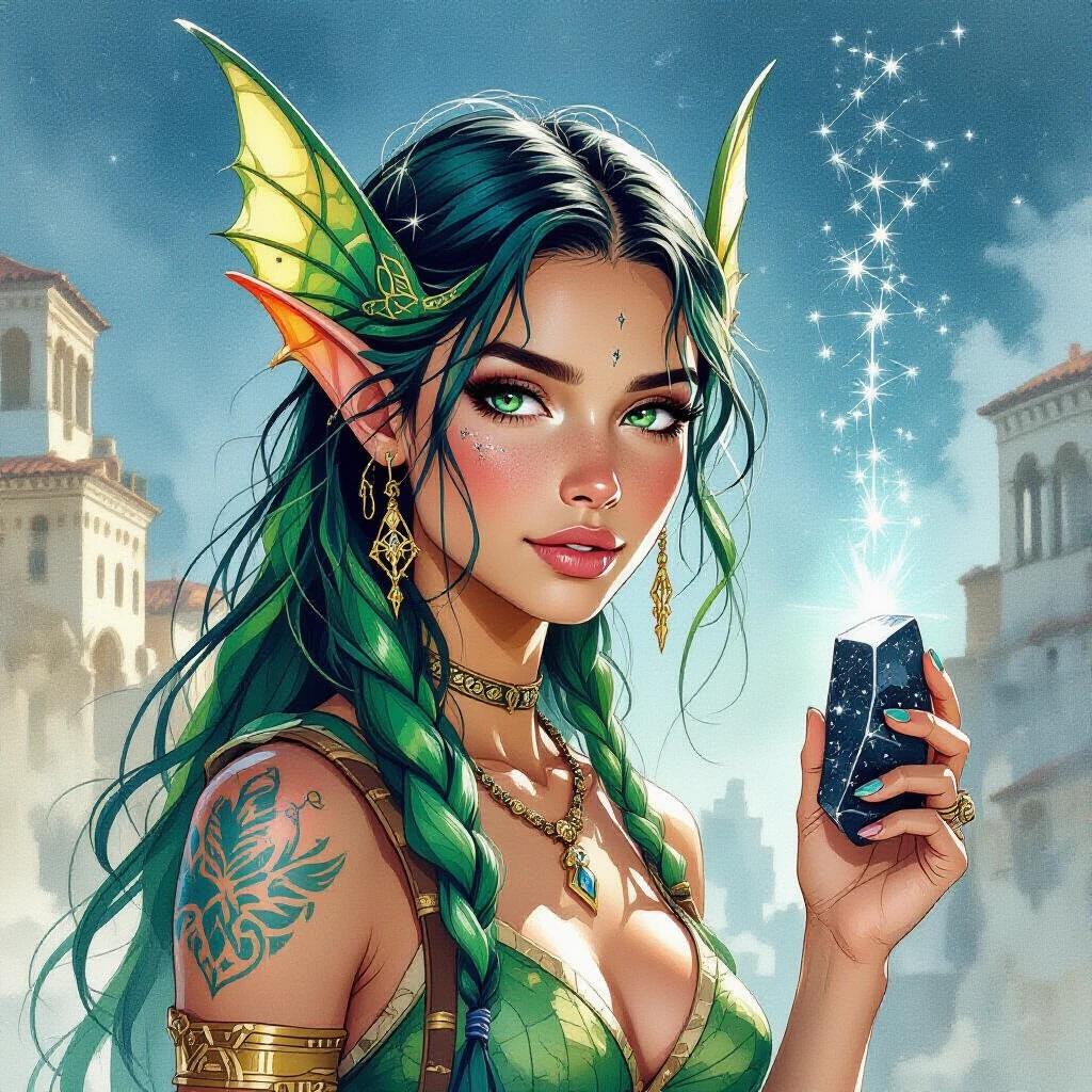 Dark Watercolour illustration features a late teenaged Triton fish-person female. Sharp finned ears enhance her features. Harsh Ancient-Grecian-Fantasy port city serves as the backdrop. Dressed in Ancient-Greek-Fantasy clothing. A black stone in her hand casts constellations when light shines through it. Long slick-backed green-blue hair complements her unique look. The illustration conveys youth and magic.