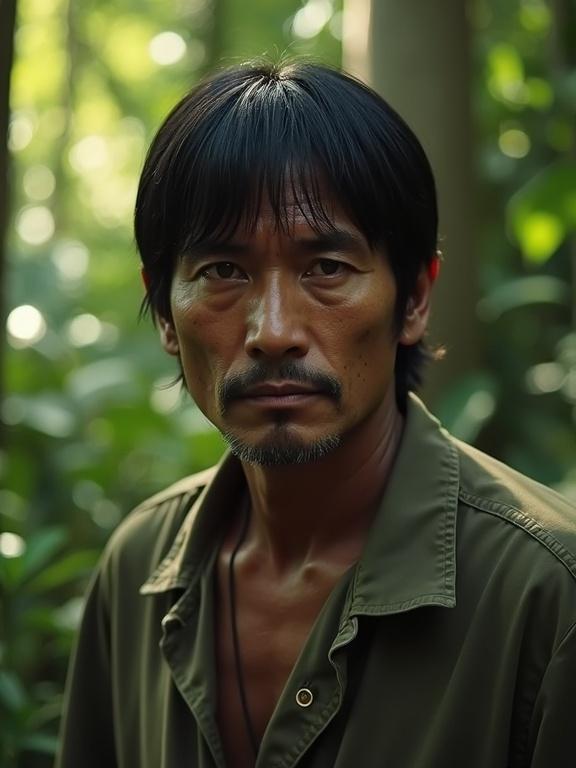 Full-view of a 60 year old leader of a South American cartel. The setting is a jungle. He has a square face and straight black hair in a basin cut. He possesses a cruel look in his eyes. Strong sunlight is present.