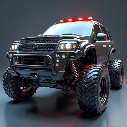 Detailed image of a modern off-road SUV with oversized tires and a rugged design. The vehicle is black with shiny surfaces and red lights on top. Designed to appear powerful and aggressive, the SUV is in a studio setting with reflective surfaces to enhance its features.