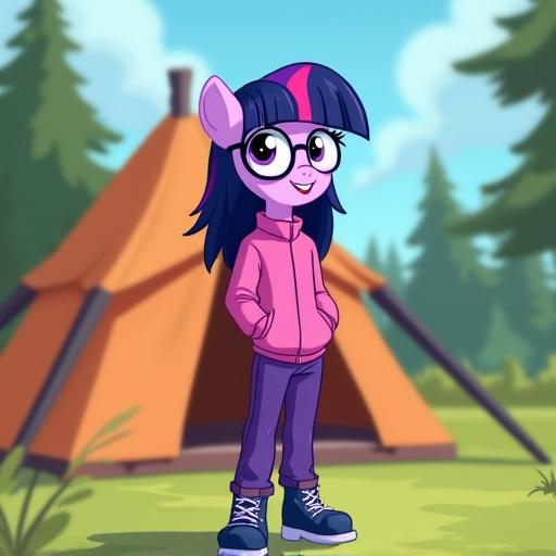 Cartoon character standing outside a tent at summer camp. Girl with glasses and navy-blue hair featuring a pink and purple stripe. Dressed in a pink tracksuit top and purple pants. Wearing navy-blue hiking boots. Background shows trees and a tent.