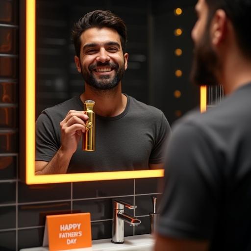 A hyperrealistic photo shows a Lebanese father in his 30s using a metallic gold hair trimmer in front of a bathroom mirror. He smiles happily while edging his beard. He wears a fitted dark gray shirt with orange accents. The modern bathroom features black tiles and warm lighting. A small card saying 'Happy Father's Day' is on the counter. The trimmer shines under the light. High-quality DSLR image with shallow depth of field.