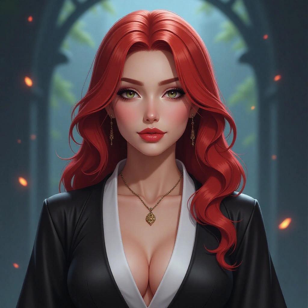 A hyper-realistic portrait of a beautiful woman with long wavy strawberry-blonde hair. She has a seductive gaze and full lips. The expression is confident and mature. Body is curvy and elegant. Outfit is a modern Soul Reaper design in black and white with deep neckline and textured elements. The background is dark and mystical with glowing energy. Lighting is soft and cinematic, emphasizing high detail in hair and skin.