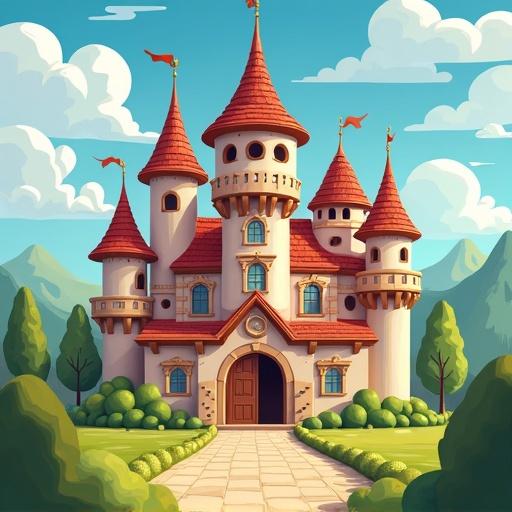Cartoon style palace with towers and flags bright sunny background mountains and greenery