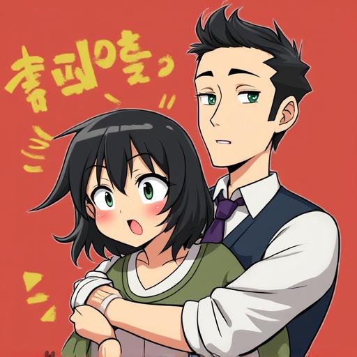 Anime-style illustration featuring two characters. One character has black hair and green clothing; the other has a suit with a tie. They appear happy and are hugging each other. The background is a simple red with word bubbles.