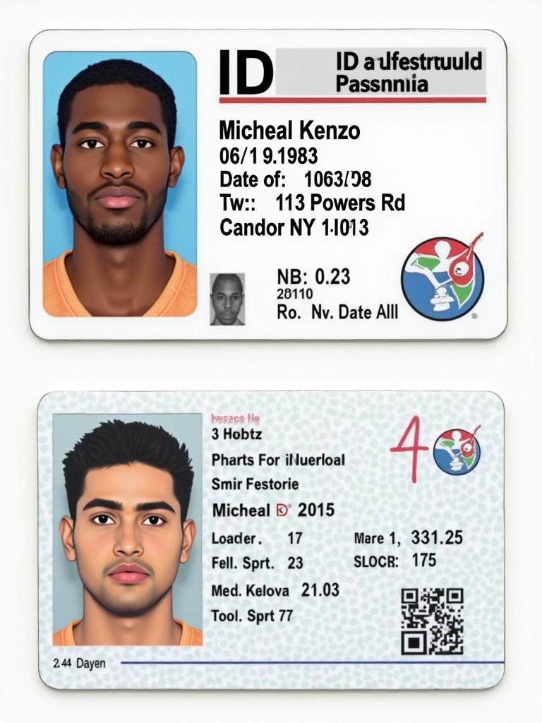 ID card design for Micheal Kenzo. Date of birth 06/19/1983. Address 113 Powers Rd Candor NY 13743. Elements for personal identification and security features. Layout shows front and back of ID card.