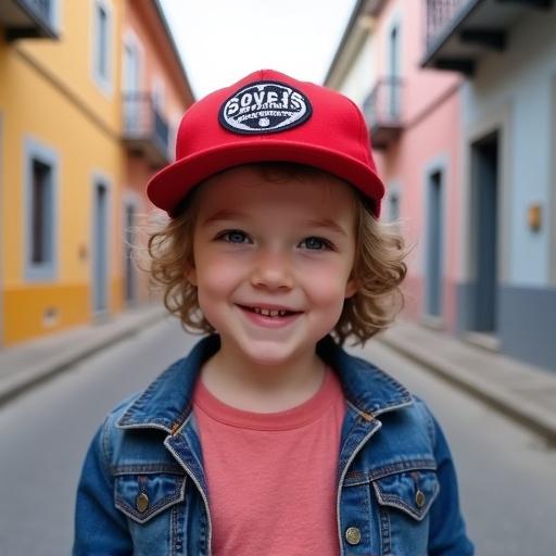 Young child stands outdoors on narrow street lined with colorful buildings. Child wears red cap with SEVEN'S patch, pinkish-red T-shirt, denim jacket. Child has curly light brown hair and smiles at camera. Background features houses in soft shades of yellow, pink, blue, grey, with balconies and windows. Natural lighting creates a casual candid scene.