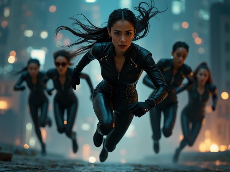 Close up realistic live action dark cinematic image showing five young female heroes running fast across rooftops at night. Characters feature dark eyeliner, shiny leather bodysuits. Each has unique hairstyles and accessories. Focus on details, textures, shadows, reflections.