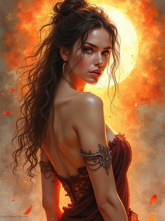 Dramatic watercolor painting of a powerful woman resembling Aphrodite. Upper body featured in a flirty pose. Expressive eyes and dynamic makeup. Set against a fiery landscape, exuding magic and strength.