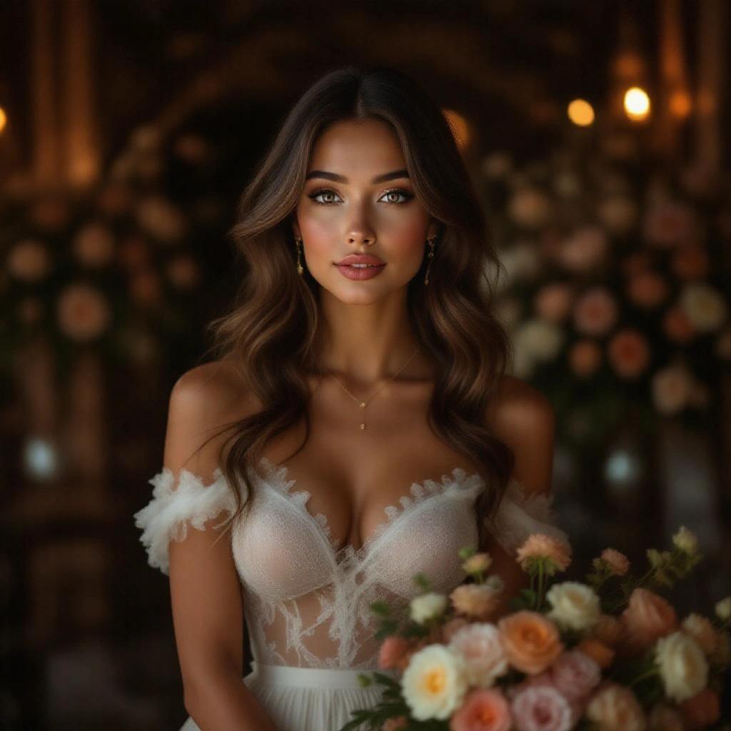 A beautiful woman in a bridal dress with flowers. Focus on her facial features and bouquet. Soft lighting creates a warm atmosphere. Model has long dark hair and striking blue eyes.