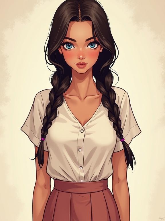 Full body portrait of a female teenager with long straight dark brown hair styled in two braids. She wears a button-up blouse and a long skirt. The character has rosy cheeks small nose and bright blue eyes. The image features smooth lines and shading in a comic book illustration style. Soft and diffused lighting enhances the trendy look.