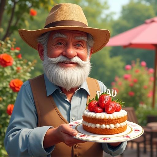 Illustrate a vibrant scene of a garden party for Father's Day. An elderly gentleman in a straw hat holds a strawberry cake with 'DAD' text. The cake is on a floral-patterned plate. The background features a blooming garden with flowers and outdoor seating. Soft sunlight enhances the peaceful atmosphere.