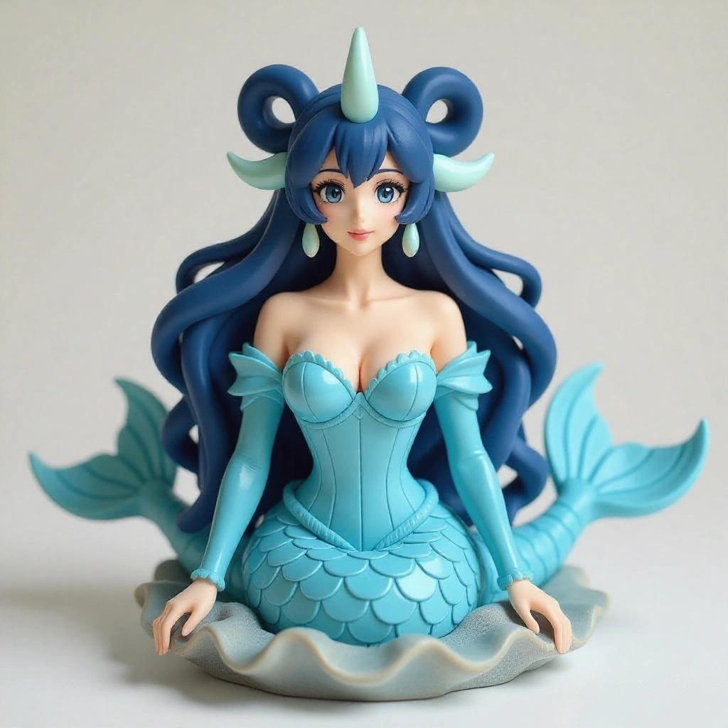 Adult female figure inspired by Lapras designed for resin printing. Elegant body in a tight, bright blue corset with a mermaid tail. Long dark blue hair with side buns and a central horn. Sculpted shell on her back. Seductive expression with feline eyes. Pose shows silhouette. Base represents rock formation with water.