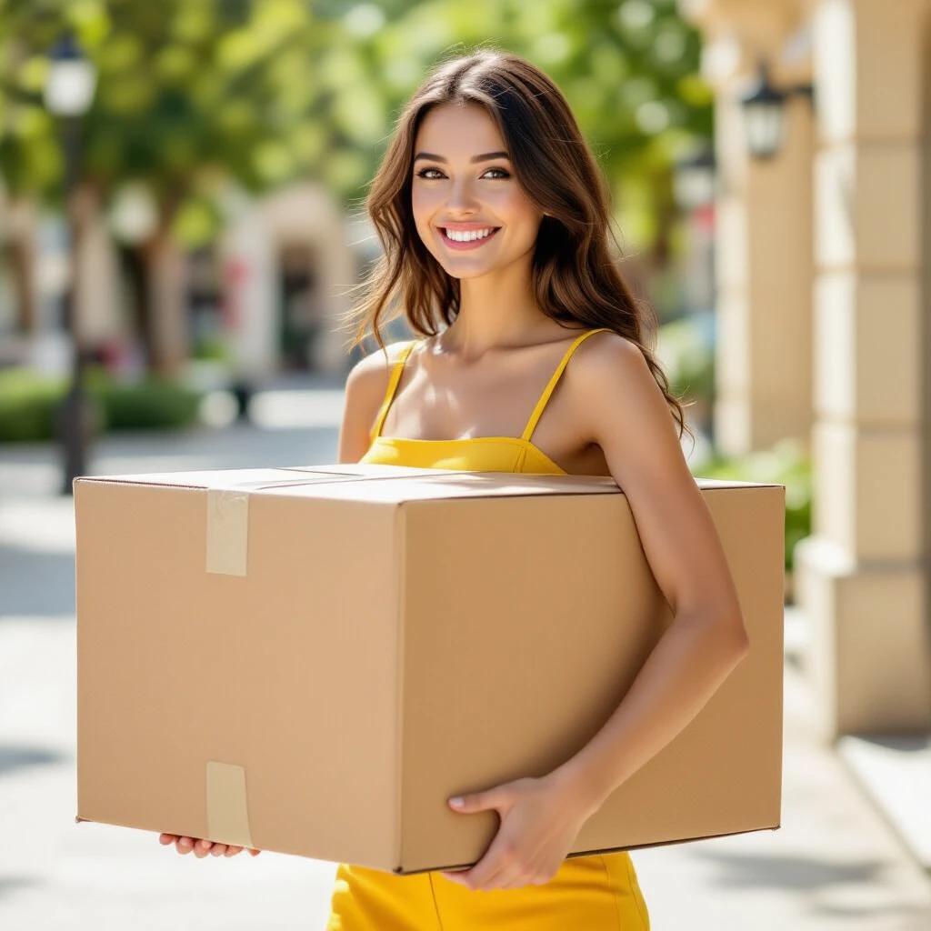 Young woman holds a large box under sunlight. She wears a bright yellow dress. Outdoor shopping street background features trees and soft light.