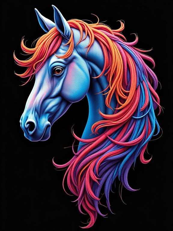 Colorful machine embroidery featuring a horse head. Mysterious outline on a black background. Vivid colors including pink orange blue and purple. Detailed elements in the mane and face.