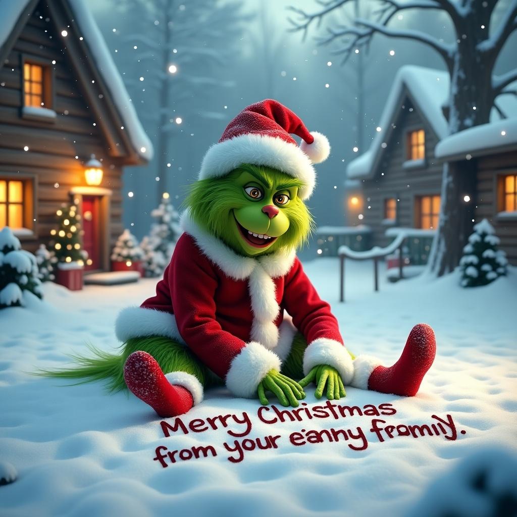 A whimsical Grinch in a red and white outfit sits in the snow. He joyfully writes 'Merry Christmas from your family' in the snow. Snowflakes fall around him. Cozy cottages with warm lights are in the background. The scene is cheerful and festive.