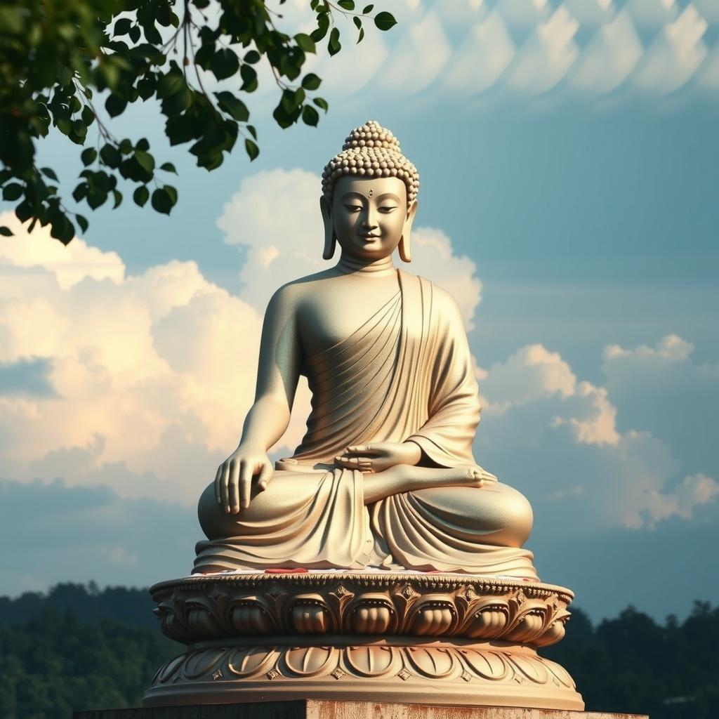 A majestic Buddha statue sits peacefully under a leafy branch against a backdrop of clouds and trees.