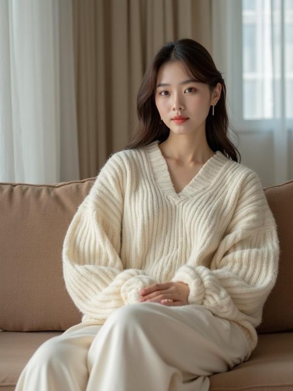 Photo of a woman in a cozy white sweater sitting comfortably on a couch indoors with soft natural light
