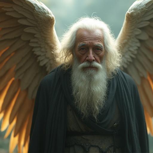 Close-up shot of an elderly figure with majestic wings. Surrounded by soft light. Camera zooms in to capture details of wings and expression. Mystical atmosphere.