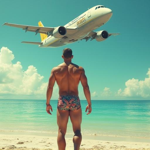 A man stands on a beach wearing exotic shorts. An airplane flies overhead with a marquee saying I know your secrets.