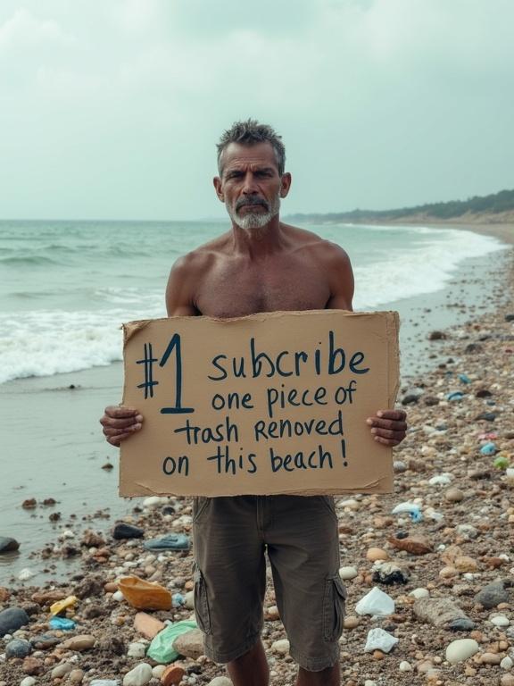 Person standing on a beach filled with trash. The person holds a sign that says '1 subscribe = one piece of trash removed from this beach!'. Sad expression. Waste scattered around.