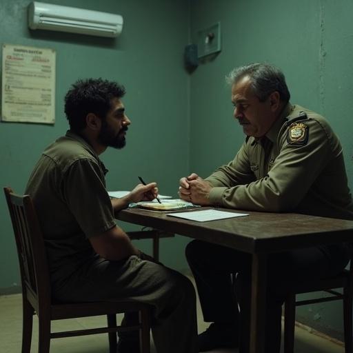 Scene in a dim interrogation room at a Kuwaiti police station. Disheveled Arab man tied to a rusty table. Tired middle-aged cop engages him. Tension rises over food humor amidst interrogation. Details depict broken ambiance.