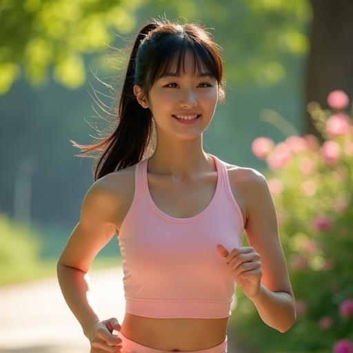 Ultra-realistic portrait of a young woman jogging in summer. She has porcelain fair skin and healthy glow. Long black hair tied back in a ponytail. Expression is lively and confident. Wears a light, sleeveless crop top and high-waisted running shorts. The scene shows her on a tree-lined path. Sunlight filters through green leaves. Background features blooming flowers and clear blue sky. She embodies vitality and summer freshness.