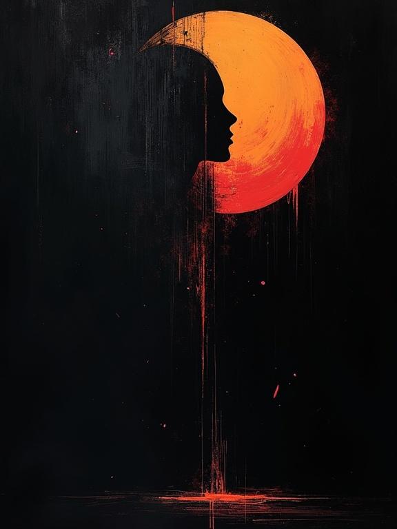 Digital concept painting. Harsh paint strokes. Completely black background. Cubism and unfinished elements appear. Uses flat colors. Showcases unique abstract cubist silhouette design. Features minimalist style painting. Suggests formless shifting voids of color.
