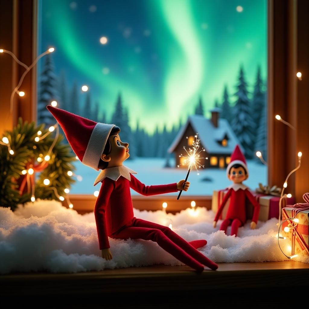 An elf sits with back to viewer and gazes skyward. Elf holds glowing wand emitting sparkling light. Background includes a charming Christmas scene with northern lights. Cozy house decorated for holidays is in distance. Snow covers ground for winter atmosphere. Elf is in playful position, embodying holiday magic. A whimsical Christmas scene featuring two elves. The scene has a snowy ground enhancing festive mood. Christmas lights twinkle around them with a wreath and a wrapped gift box. Elves wear cheerful red outfits and matching hats, radiating warmth and joy.