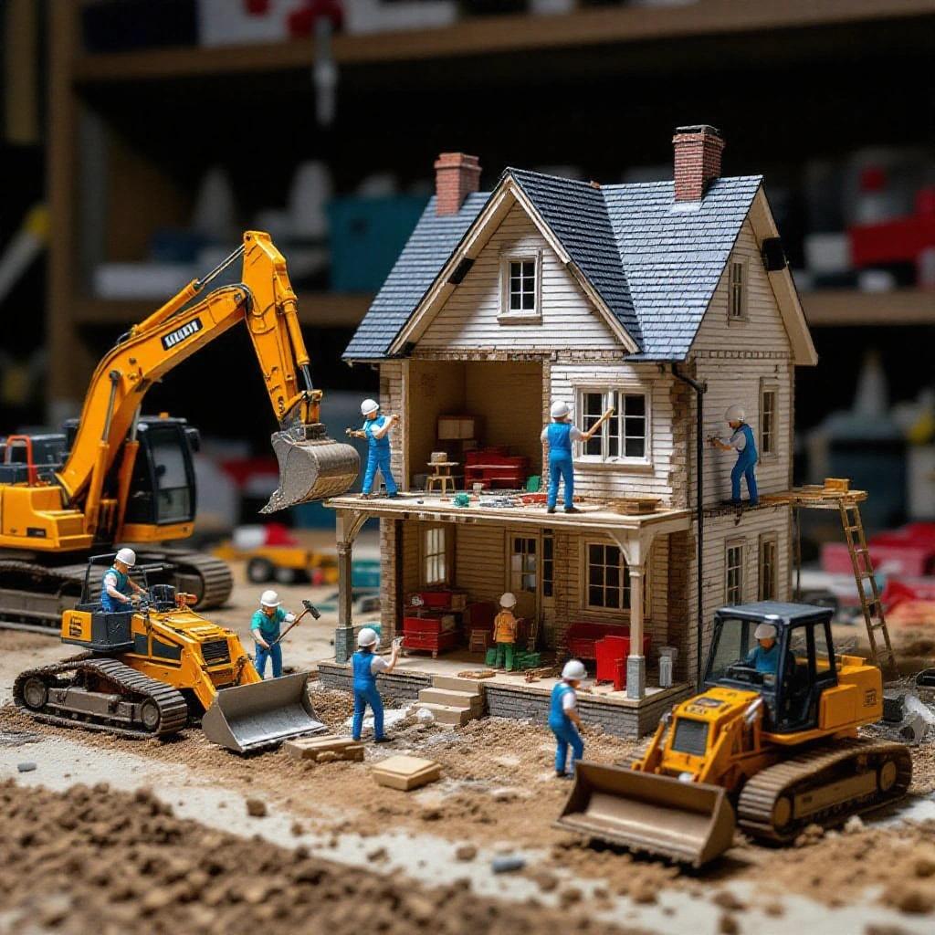 Micro-sized humans work with tools to construct a doll house. There are various machines and tools including bulldozers and hammers. The doll house is life-sized.
