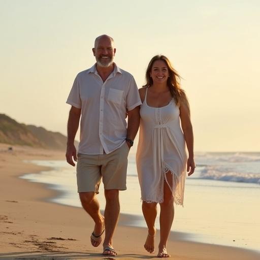 Couple walks along deserted beach in late afternoon wearing light summer clothes. Both are approximately 50 years old, male is tall and bald with gray goatee, female is shorter and curvy. They appear happy.