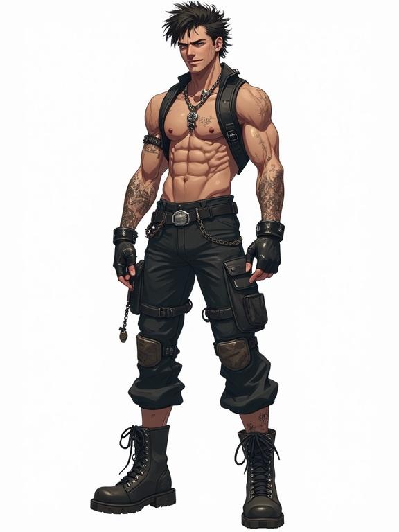 Pose a muscular anime punk male character against a plain background. His clothing features futuristic elements made of leather and latex. The character stands confidently, showcasing an athletic and sinewy physique. Highlight his large combat boots and wild curly mullet hairstyle. The overall style is gritty with a punk attitude.