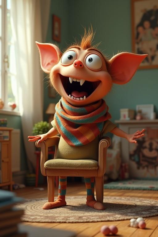 A hyperrealistic 3D cartoon humanoid creature in a cluttered bedroom. It has oversized eyes, huge ears, and sharp little teeth. The creature spins in circles on a chair, wearing mismatched socks and a giant scarf. It has a wide open mouth and an exaggerated silly expression, created in a surreal hyperreal animation style with cinematic depth and lens bloom.
