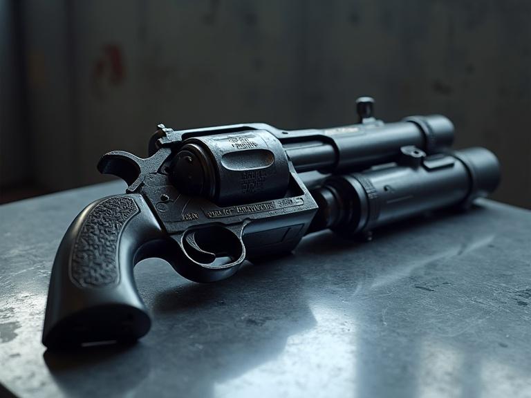 Image features a bulky long black revolver which also serves as a grenade launcher. It sits on a silver metal table, emphasized by sharp textures and shadows. The room appears in dark grey tones with a spotlight illuminating the weapon, showcasing its intricate details and a blue glowing cartridge.