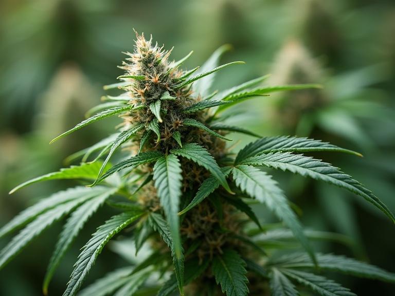 Cannabis plant with prominent flowers and leaves. Focus on its medicinal and recreational uses. Captured in a natural setting with close-up detail.