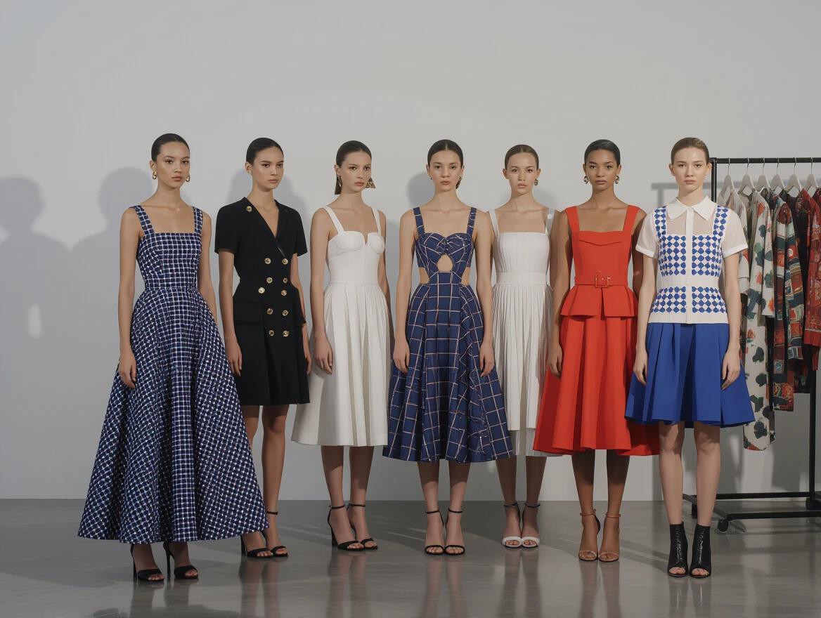 Display of a women's dress collection showcased by multiple models in a stylish setting. Dresses feature various designs and colors including blue, red and white tones. The backdrop is simple to enhance garment visibility. Models wear elegant high-heeled shoes to complement the dresses.