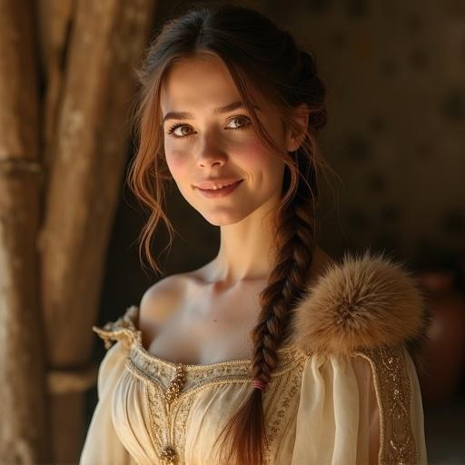 A beautiful woman around 20 years old in a medieval fantasy setting. She has a gentle smile and warm brown eyes. Her skin is smooth and pale with freckles. Chestnut hair is loosely braided. She wears an elegant gown made of silk and gauze with a fur-trimmed cloak. The setting is a warm stone chamber with rustic textures and soft lighting.