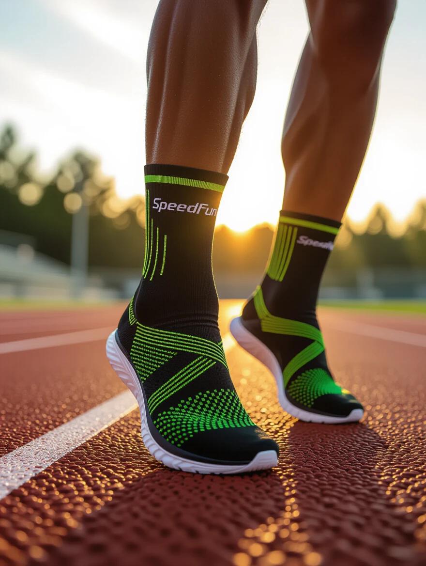 Dynamic sports product photo showcases high-performance running socks. Moisture-wicking design with black color and neon green zones. Sleek socks displayed on athlete's feet mid-stride on a running track. Brand logo SPEEDRUN in modern font. Golden hour lighting enhances contrast. Background depicts motion blur of track. Action sports photography style highlights energy and movement.