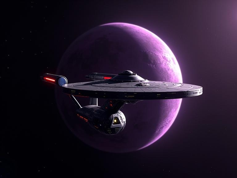 A starship resembling Star Trek is orbiting a purple planet. The background is black space. The ship exhibits classic sci-fi design elements.