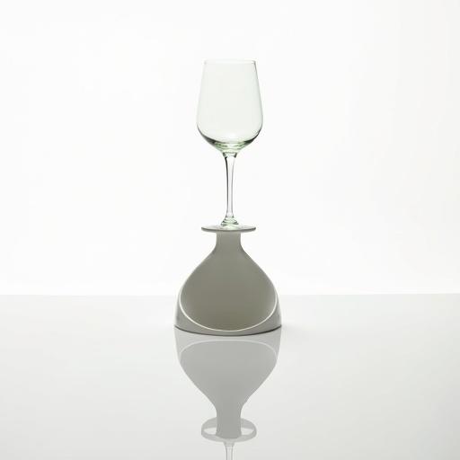Wine glass positioned on a table Creating a minimalist feel with an upside down urinal as the base White background accentuating the objects