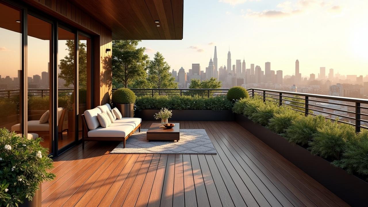 An elegantly designed rooftop terrace is basked in the warm glow of a sunset. The scene features comfortable outdoor seating with plush cushions, a modern wooden table with a vase of flowers, surrounded by lush greenery. In the background, a panoramic city skyline is partially enveloped by a soft, golden light, creating a serene but vibrant atmosphere.