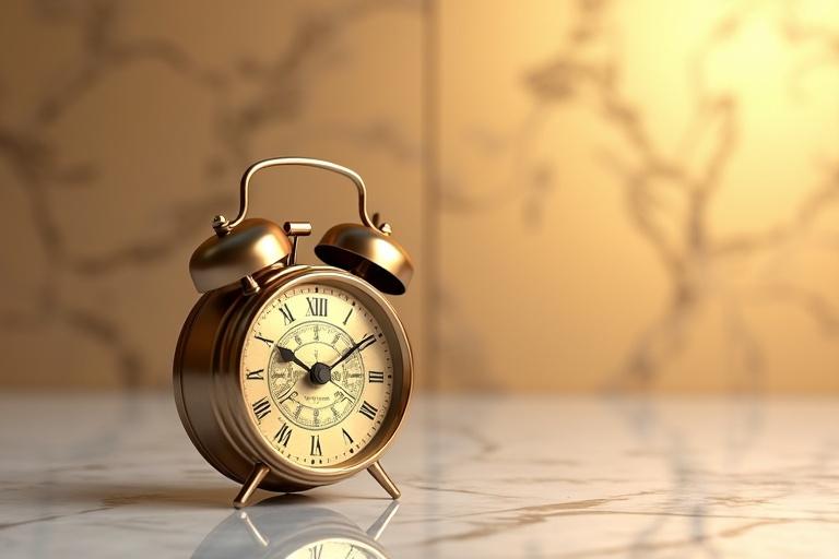 Vintage brass alarm clock with engraved floral motifs placed on a marble surface. Warm golden hues with subtle gradients in the background. 3D render with reflections.