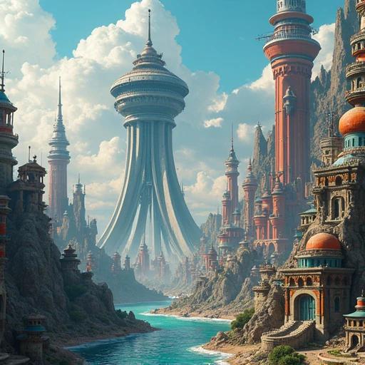 An imaginative city with towering alien buildings. Colors are vibrant and eye-catching. Architecture is uniquely designed and futuristic. Rare landscapes enhance the scenery.