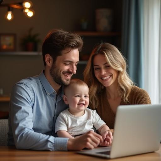 Happy young family at a wooden dining table in a modern living room. Parents and baby interact with a laptop. Natural smiles and a warm familial atmosphere. Soft lighting creates reflection of comfort. Stylish purple to dark blue gradient background. Dutch marketing text on the left.