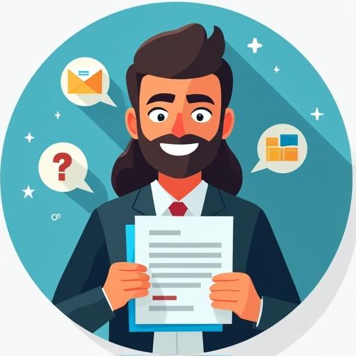 A cheerful man in a suit smiling while holding documents. He has long hair and is standing in front of a light blue background. Speech bubbles show icons like email and charts.
