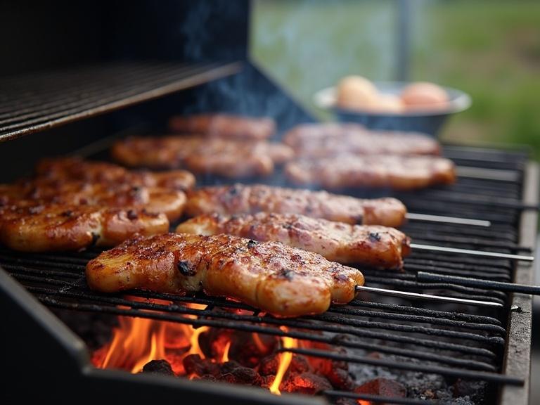 Grilled chicken pieces on a barbecue grill with smoke rising. Juicy pieces spread evenly across the grill. Flames visible underneath the grill. A blurred bowl of eggs in the background. Summer atmosphere conveyed.